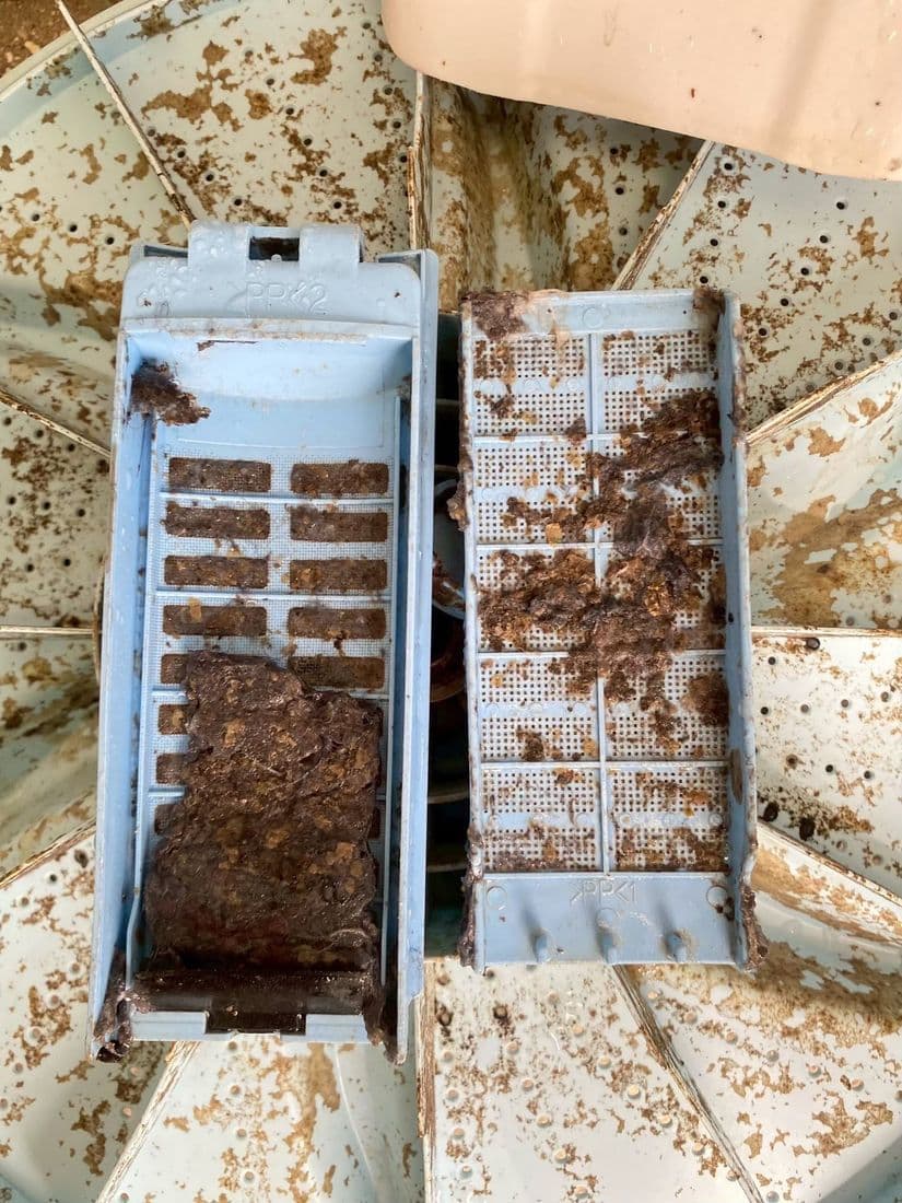 ลิ้นชักผงซักฟอกเปิดออก มีคราบผงซักฟอกสีน้ำตาลอัดแน่นในทุกช่อง